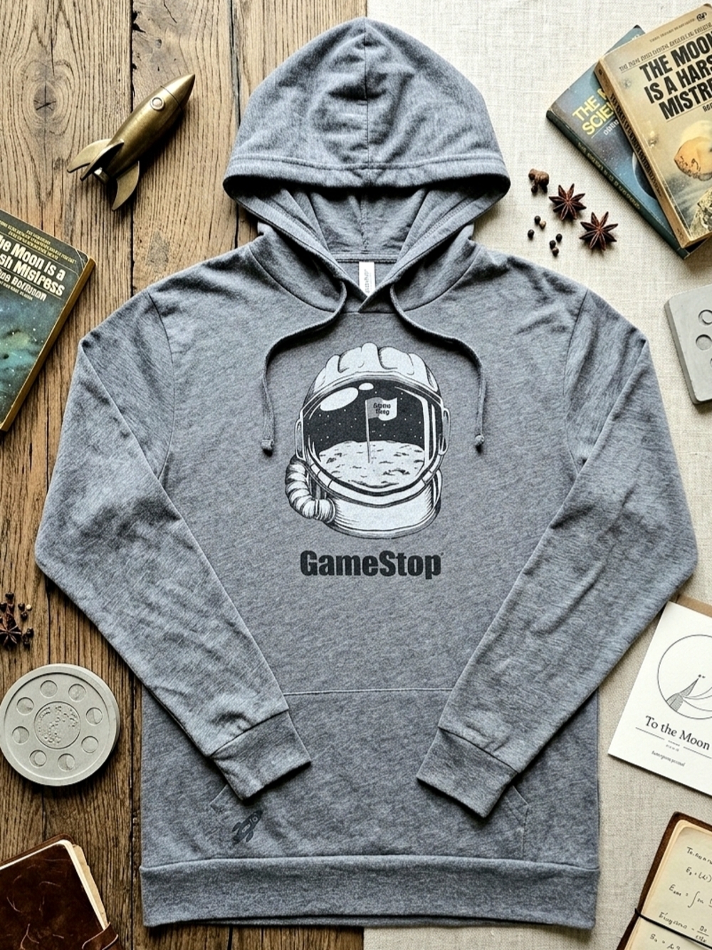 GameStop Astronaut Hoodie To The Moon Graphic Heather Grey Woman's Medium
